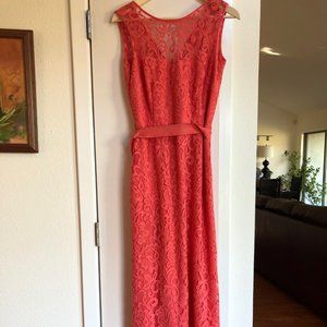Betsy & Adam Coral Lace Maxi Formal Dress